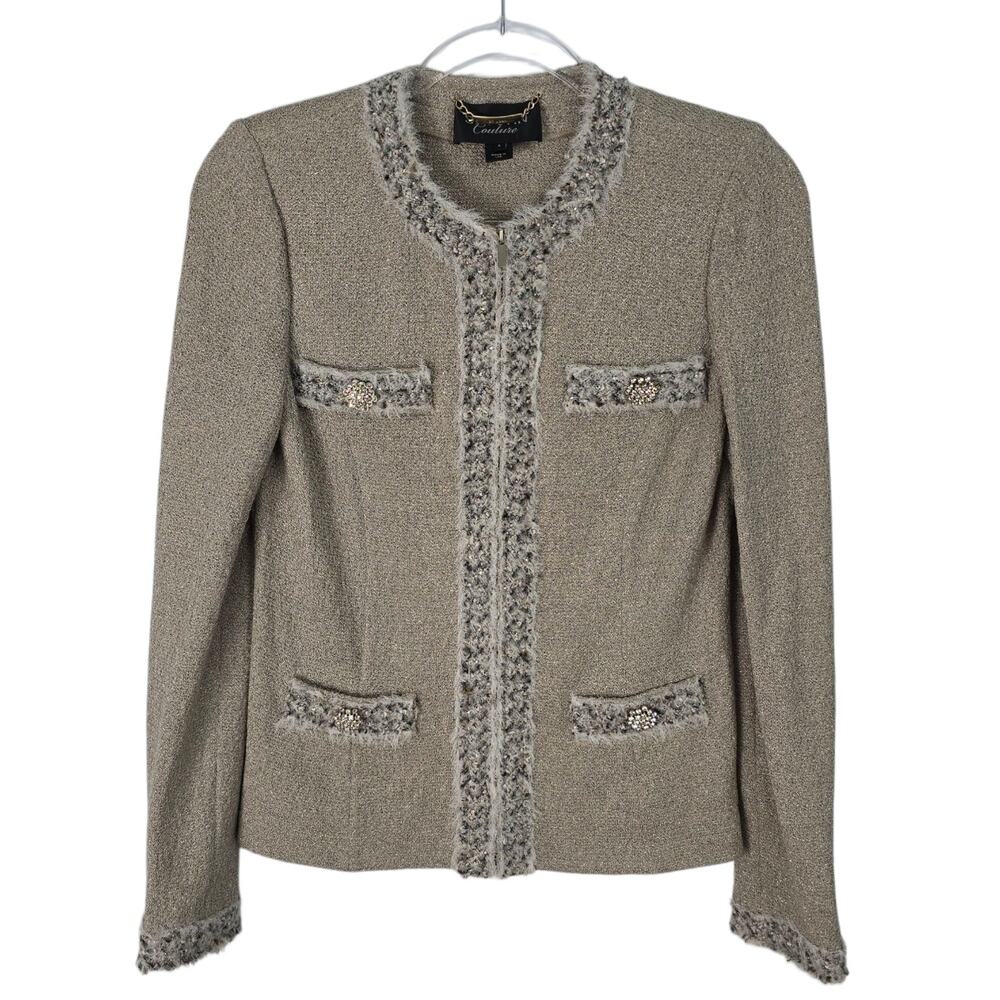 St. John Couture Santana Knit Metallic Tan Blazer Rhinestone Trim Zip Front 4
